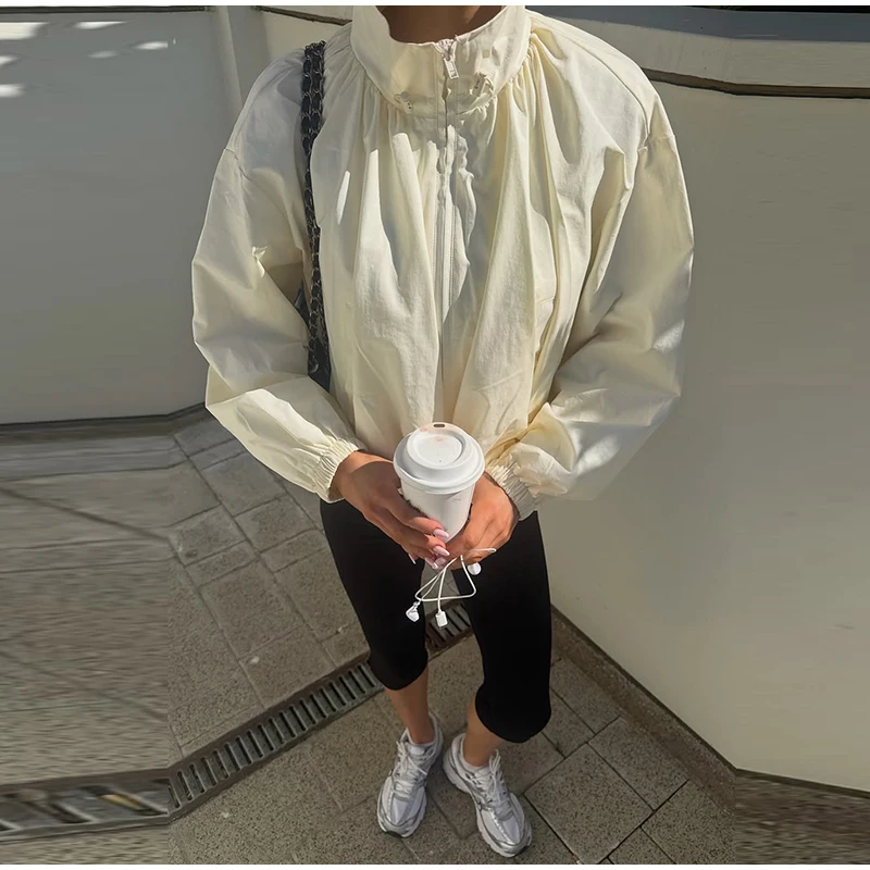 Rollkragen-Oversize-Cropped-Jacken für Damen, Street-Style, Lange Ärmel, Reißverschluss, Einfarbig, Locker Sitzende Mäntel, Schicke Damen-Oberbekleidung, Neuheiten – Detail 13