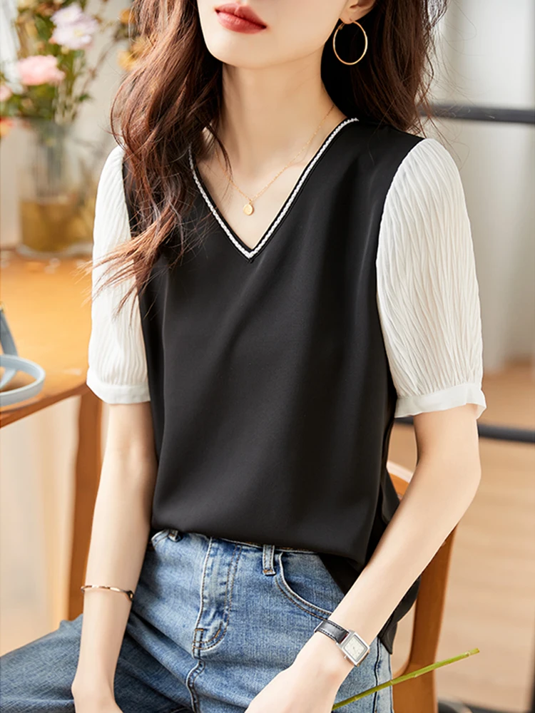 Modna bluzka z dekoltem w serek, letnia odzież damska 2026, nowa luźna bluzka szyfonowa, wzór z blokami kolorów, odzież codzienna.