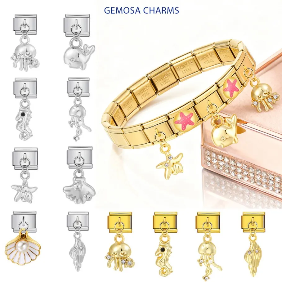 GEMOSA Classic Marine Life Series Italian Charm Pendant Link fit 9mm Fashion Bracelet Making DIY Stainless Steel Jewelry Beads