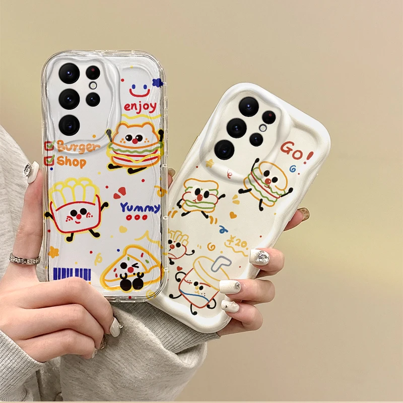 

Funny Burger Fries Wave Cartoon Phone Case for Samsung Galaxy S24 S23 S22 Ultra Plus S21 FE A73 A72 A55 A54 TPU Shockproof Cover