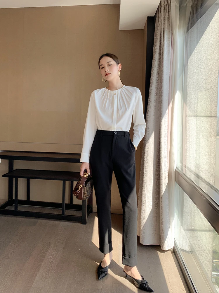 Women's Long Sleeve White Pleated Shirt For Spring Summer 2023 New Office Lady Slimming Fashion Design Tops Underwear XS To XL