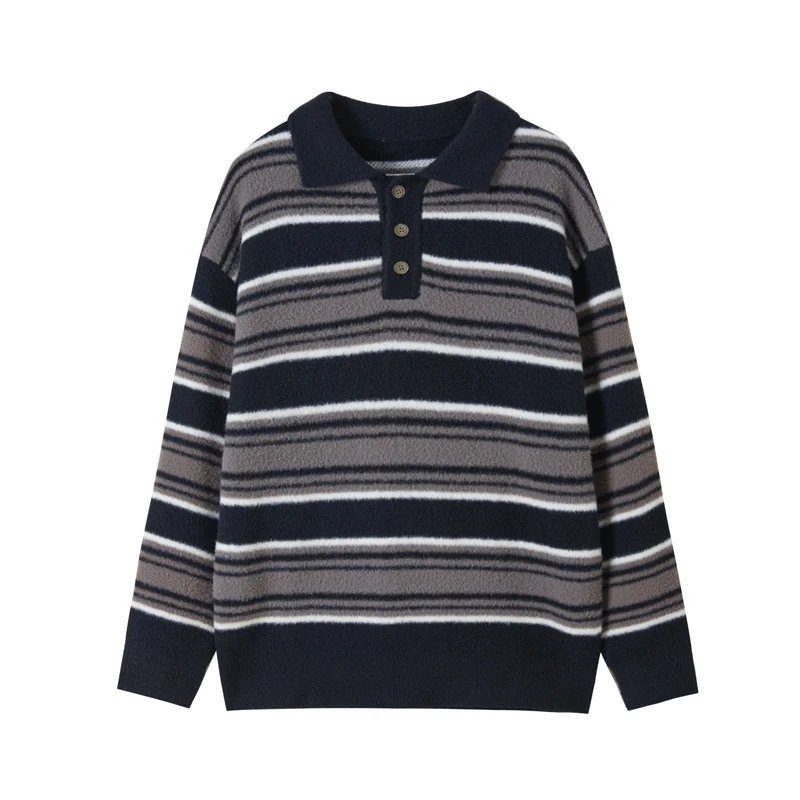 

Striped Knitwear Polyamide Men Sweater Turn-Down Collar Pullovers Winter Quality Soft Comfortable Casual Loose Sueters De Hombre