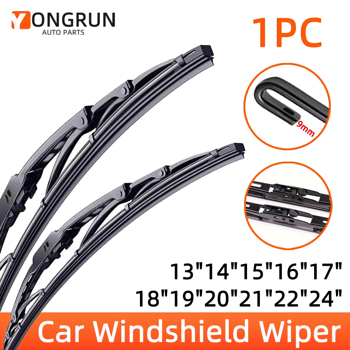 YONGRUN 1PC Professioneller Kfz-Eisenrahmen-Frontwischer mit Universal-J/U-Haken 9mm 13"14"15"16"17"18"19"20"21"22"24"