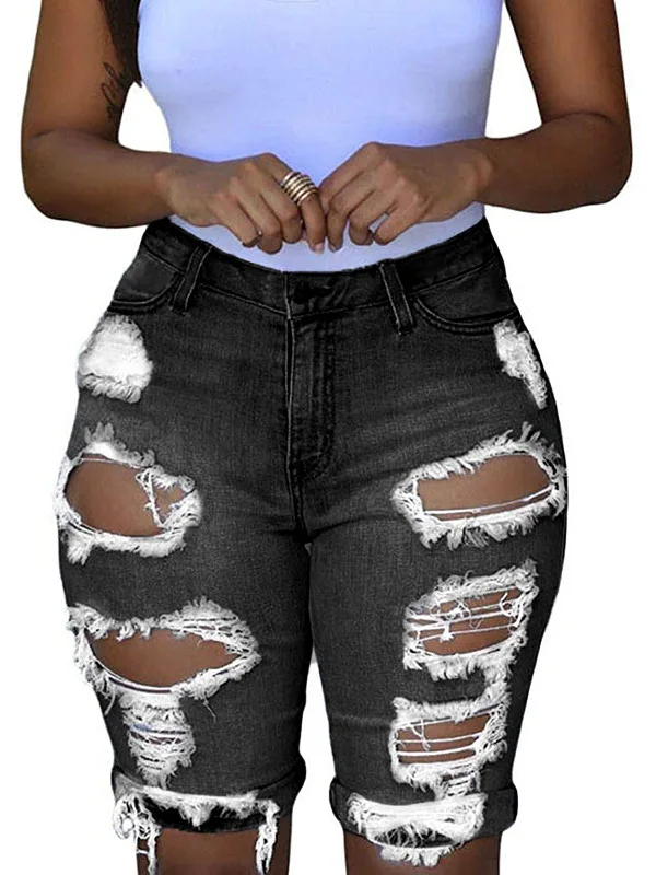 

Fashionable High Waist Denim Shorts Women's Clothing Ripped Jeans High Waist Short Pants Mid-aged plus Size Medium Elasticity