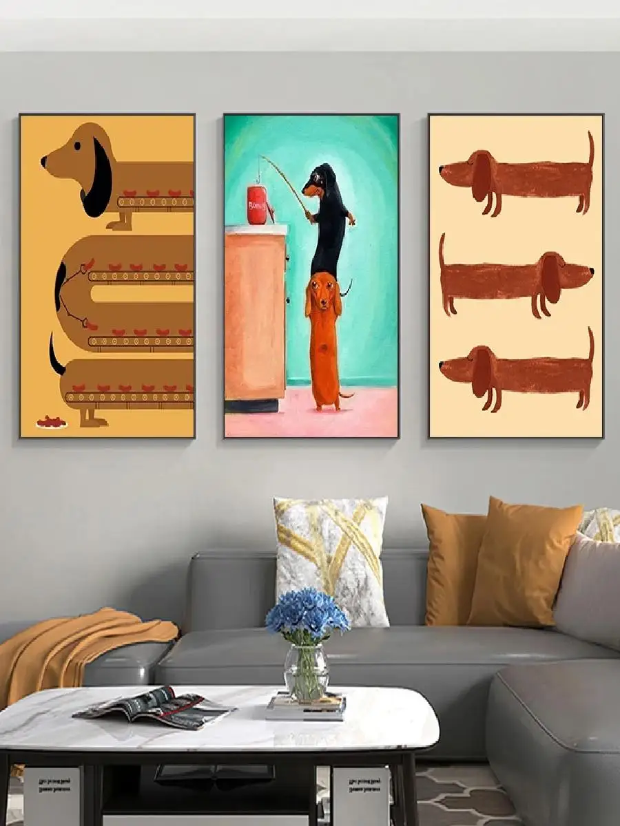 Adorable Cartoon Dachshund Dog Poster Print  Kawaii Animal Canvas Painting  Fun Wall Art for Kids Bedroom  Home Decor