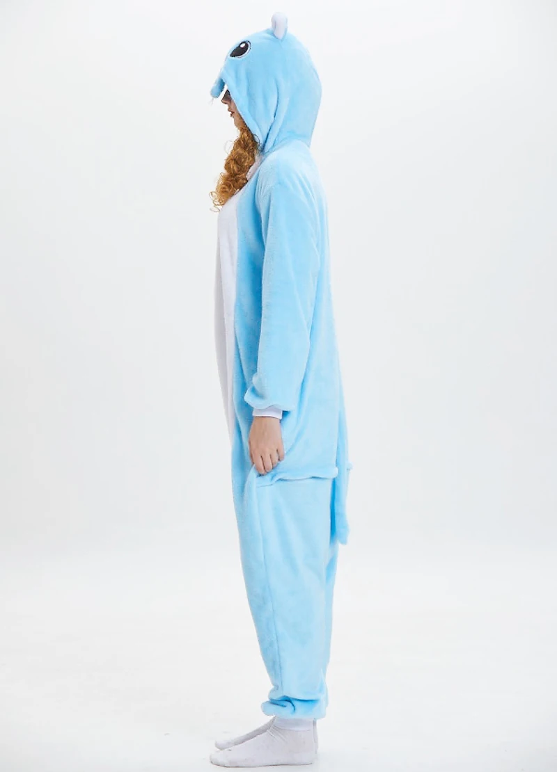 Cute Blue Hippopotamus with long tail Hooded Flannel One-piece Hooded pajamas Button Onesie Couple Comfortable Leisure wear