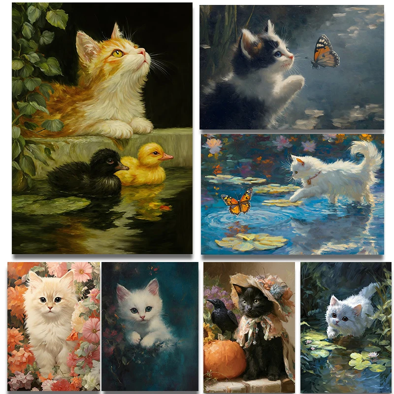 Playful Cat Flower Oil Posters Butterfly Ducklings Bell Modern Prints Canvas Painting Wall Art Pictures Home Living Room Deco