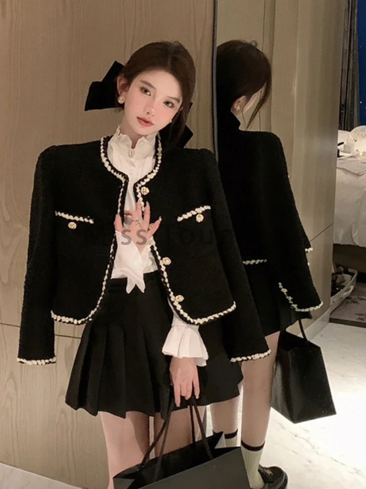 France Vintage Loose Short Jackets Women Elegant Black Cropped Coat Party Korean Fashion Blazer Single Breasted Outerwear Tops