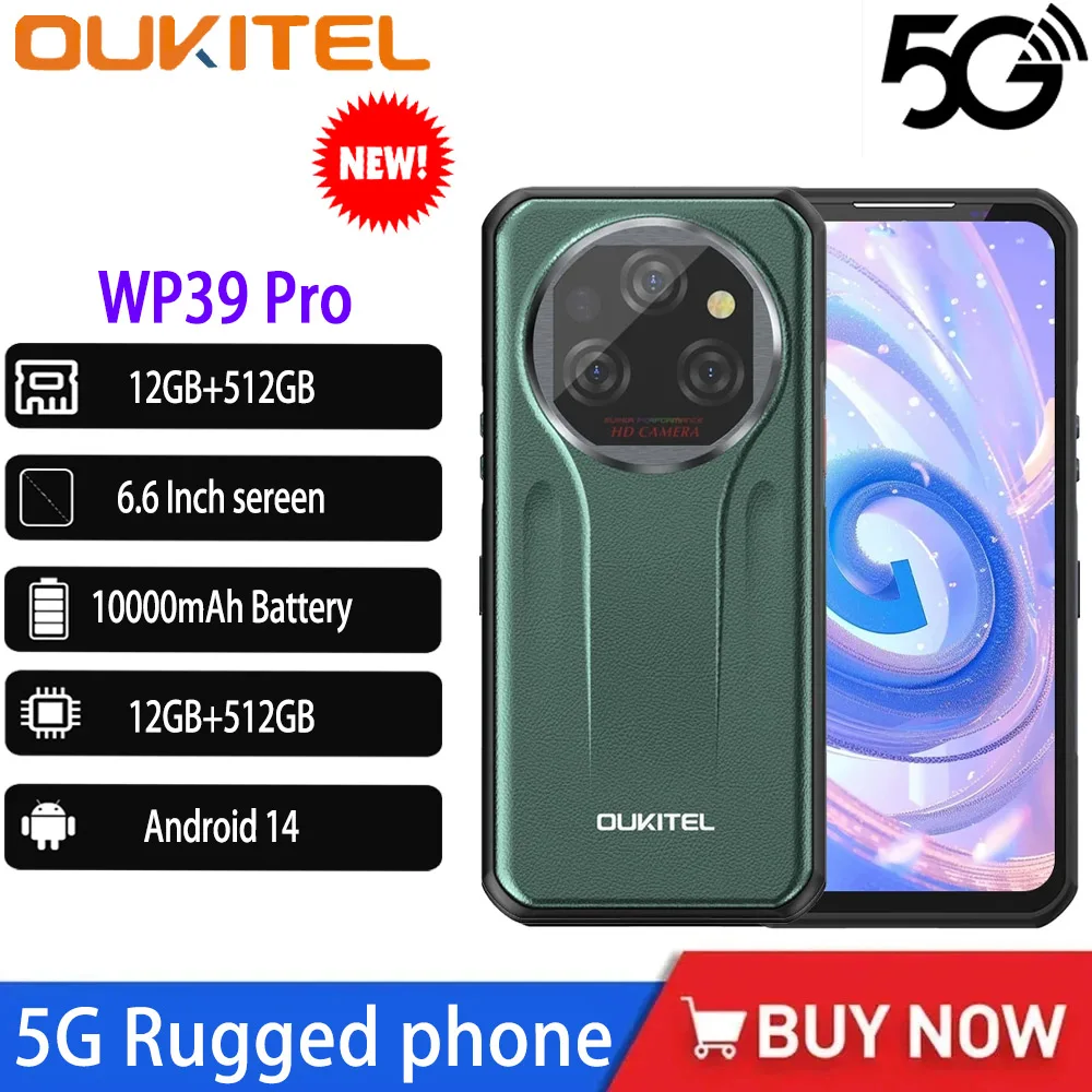 Oukitel WP39 PRO 5G Rugged Smartphone 11000mAh 6.6“ Dimensity 6300 IP68/IP69K 12GB+512GB Mobile Phones 64MP Android 14 NFC Phone
