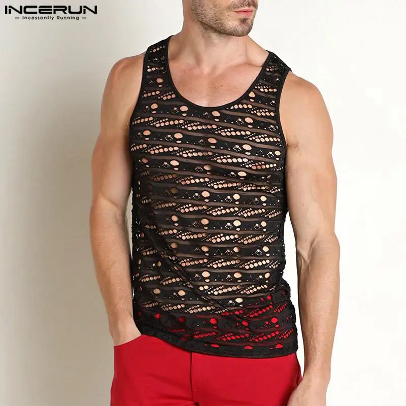 INCERUN Men Tank Tops Lace Hollow Out Transparent O-neck Sleeveless Male Vests Streetwear 2024 Summer Sexy Fashion Men Clothing