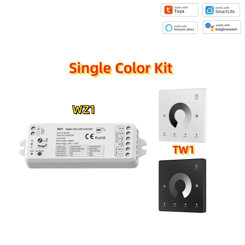 WZ1 Tuya LED Controller ZigBee 2CH * 5A Wireless RF Dimmer RT1 RT2 TW1 TW2 DC12-24V 36V per lampada a striscia LED CCT monocolore