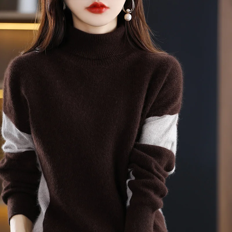 High neck thickened 100 wool sweater women's autumn and winter new irregular color blocked sweater loose lazy style wool sweater