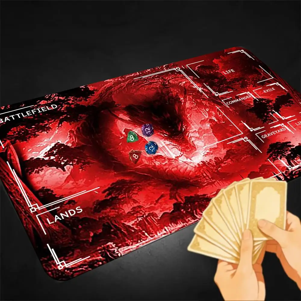 Dark Red Forest Sleeping Dragon Art Playmat, Full Zoned Anti-Slip Rubber Card Game Mat for MTG Commander TCG Table Mat 60×35cm