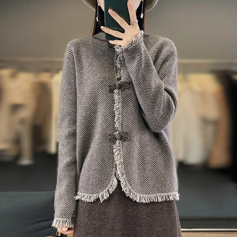 100% pure wool cardigan women's autumn and winter retro buckle Chinese style knitted collar crocheted sweater