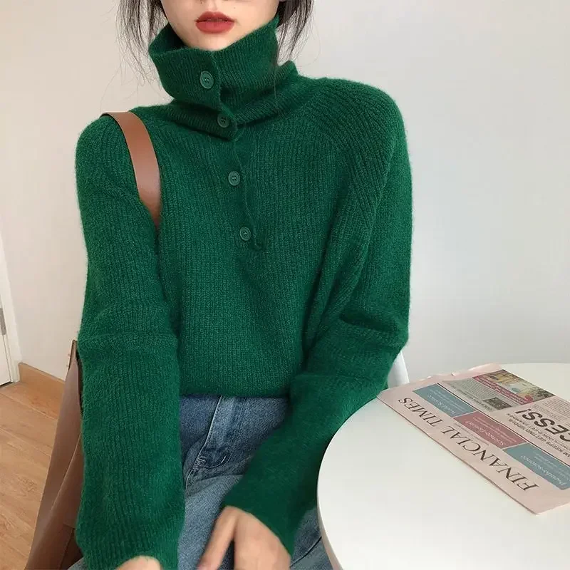 New Thicken Lapel Knitted Women Autumn Winter Tops Female Solid Color Buttons Pullovers Ladies Loose Sweaters Tops