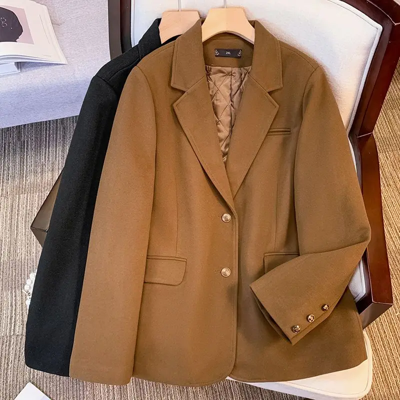 Insozkdg Retro Brown Women Autumn Winter Straight Solid Blazers Single Breasted Front Shoulder Female Temperament Suit Jackets