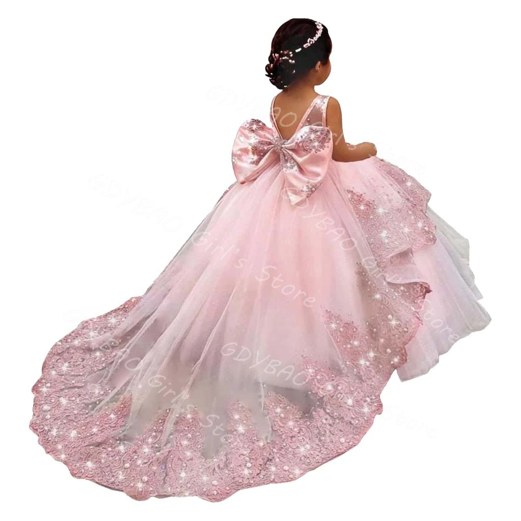 

Платье принцессы для девочек, блестящее платье с аппликацией из бисера, платье с цветочным узором для девочек на свадьбу, детское бальное платье на день рождения по индивидуальному заказу со шлейфом