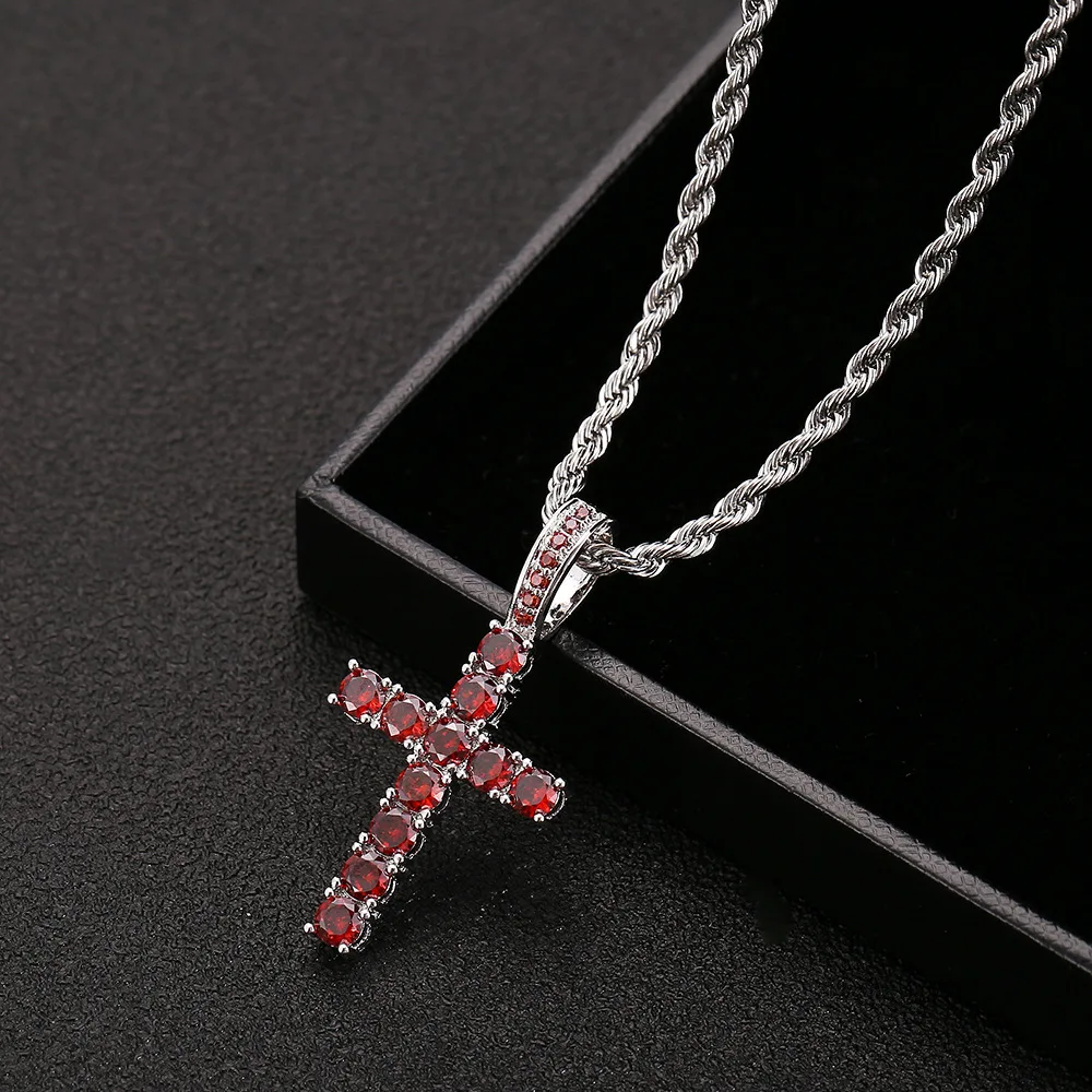 

New Red Zircon Cross Pendant Necklaces for Women Men Vintage Iced Out Cross Pendant Charm Hip Hop Jewelry Gifts