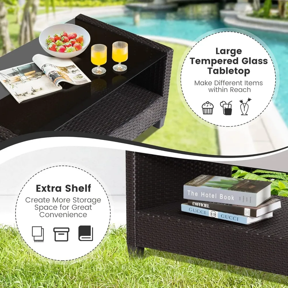 4 Pieces Patio Furniture Set Outdoor PE Rattan Conversation Sets with 2-Tier Coffee Table, Patio Furniture Set