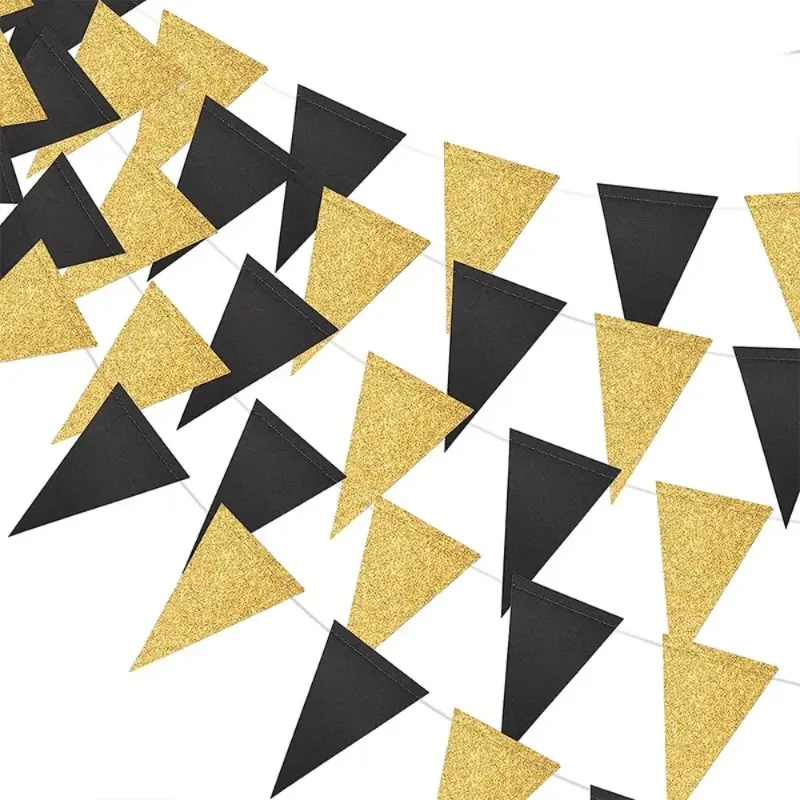 Glitter Black Gold Hanging Triangle Flag Happy New Year Swallowtail Banner Backdrop for New Year Birthday Wedding Party Supplies