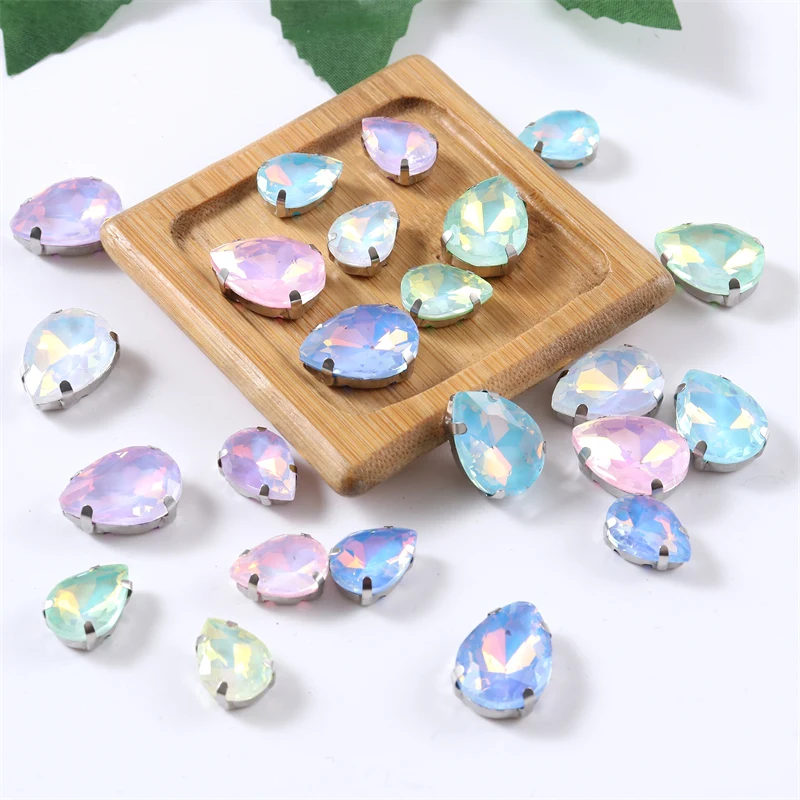 Jelly AB Teardrop Glass Sew On Rhinestones With Sliver Claw Crystals for needlework Diy Jewelry shoes fabric