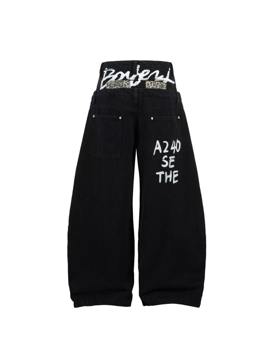 Women's Doodle Letter Double Waistband Splicing Jeans Unisex Sweatpants Girl Wide Leg Pants Female High Waisted Baggy Trousers