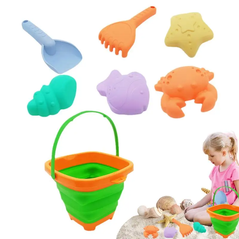 

Outdoor Game For Kids 7PCS Sand Toys Set Beach Crab Fish Mold Shovel Foldable Bucket Digging Sand Kit