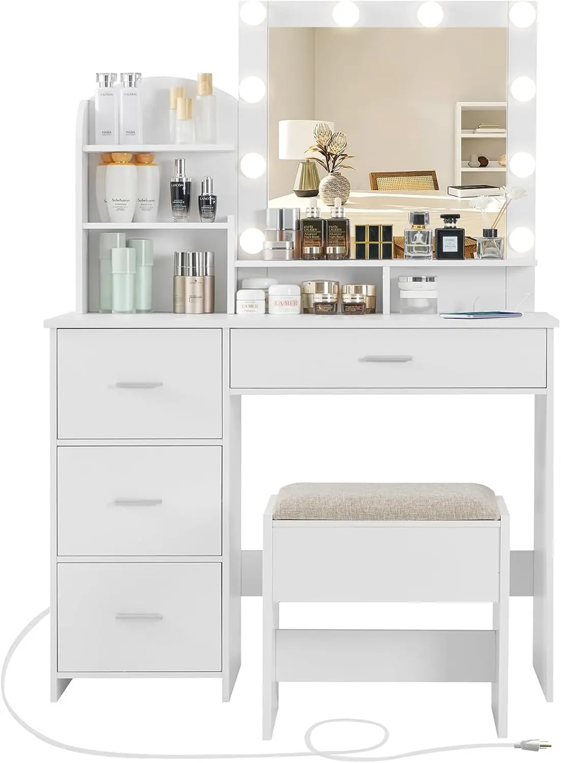 Makeup Vanity with 10 Light Bulbs and Charging Station, Vanity Desk with Lighted Mirror & 4 Drawers Chest