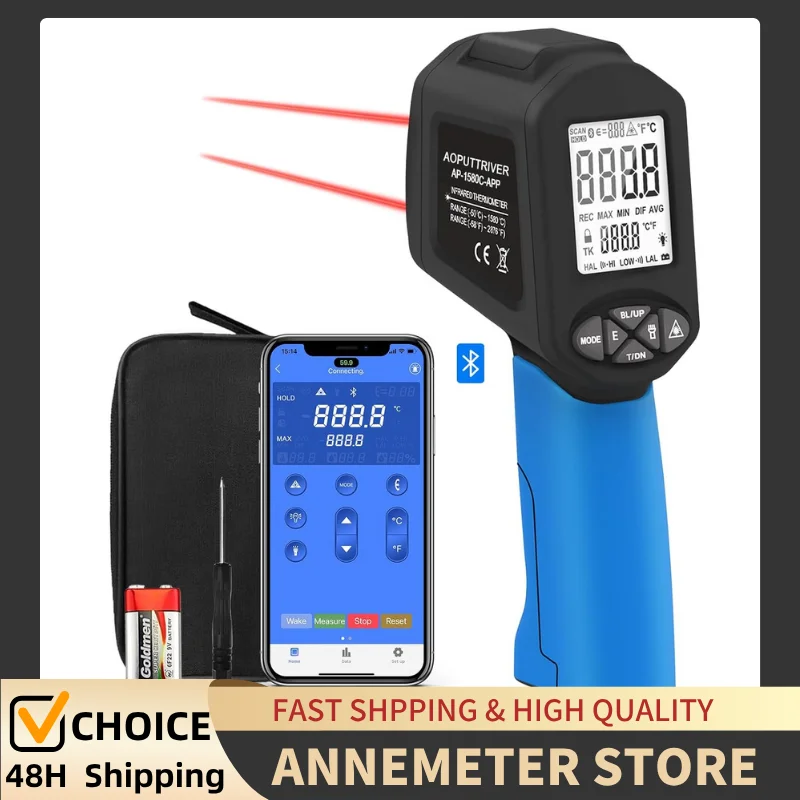 

High Temp Thermometer Pyrometer with Bluetooth HP-1580C-APP IR Thermometer with Range -58°F to 2876°F, DS 30:1 Non-Contact Laser