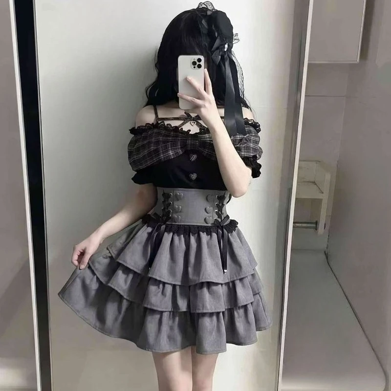 Japanischer Gothic Y2k Lolita-Stil Rock-Set für Damen, Süßes Niedliches Off-Shoulder-Top mit Schleife, Hochgeschnittener Minirock-Anzug, Harajuku Slim Outfit