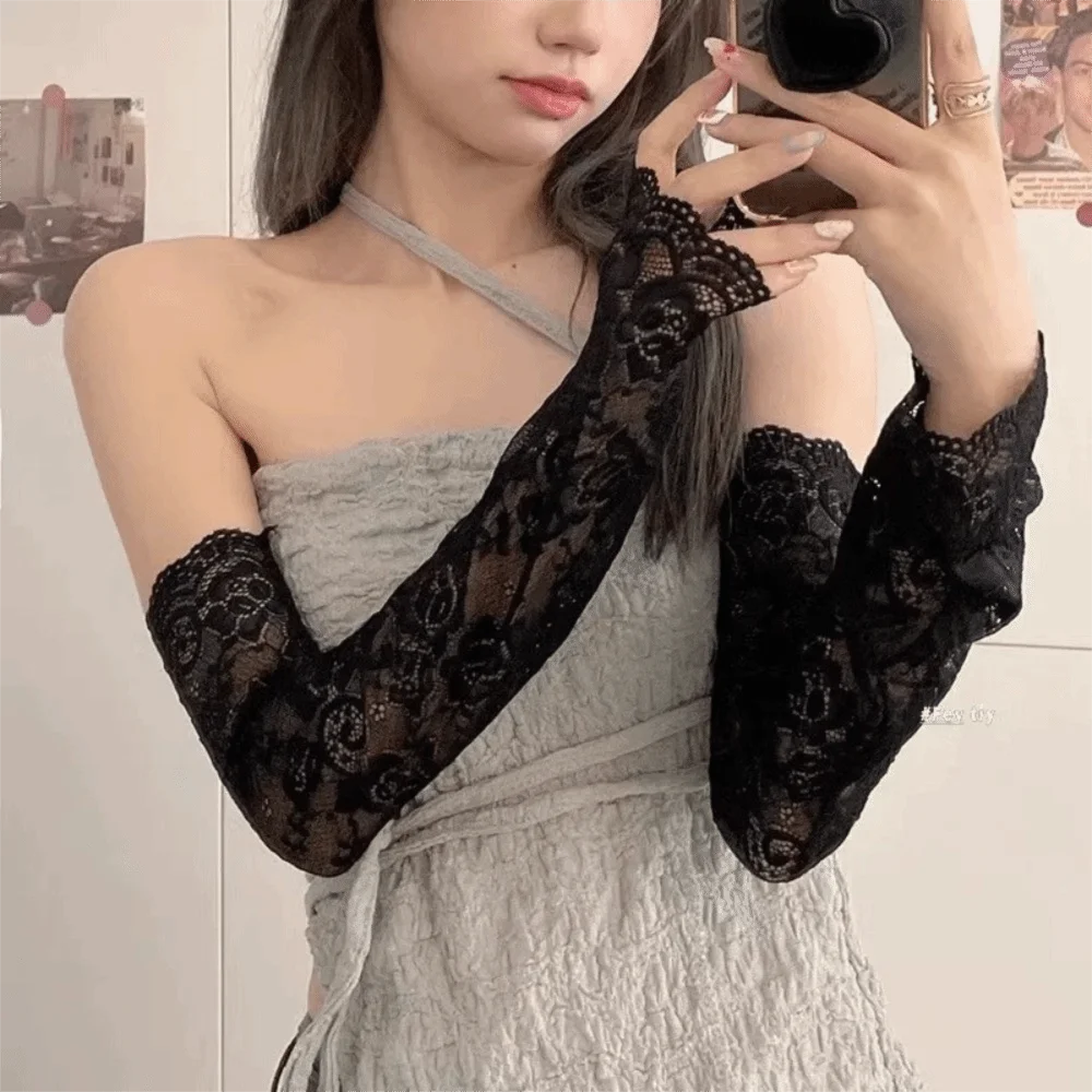 Mesh Lace Sun Protection Arm Sleeves Breathable Floral Embroidery Fingerless Long Sunscreen Elastic Sleeve