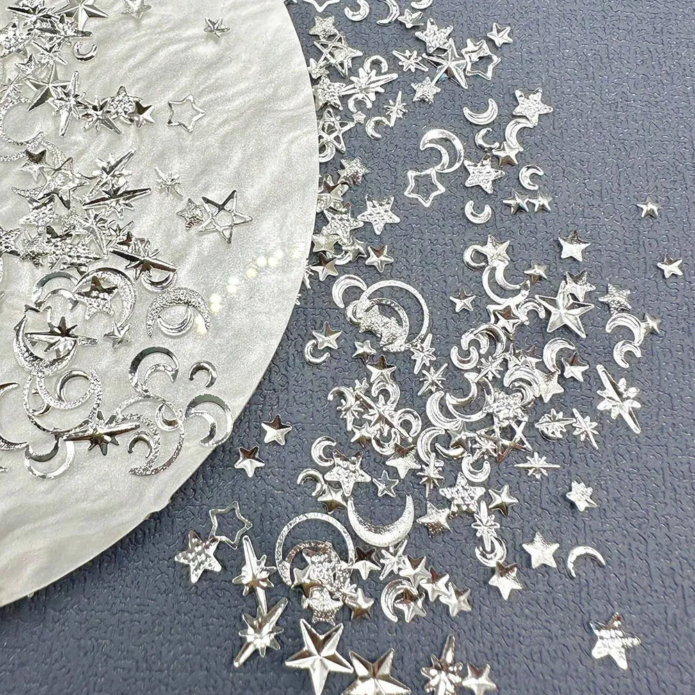 12grids Silver Stars/Moon/Cross Rivet Studs Nail Charms 3D Metal Starlight Japanese Nail Art Decorations Alloy Nail Studs Jewelr