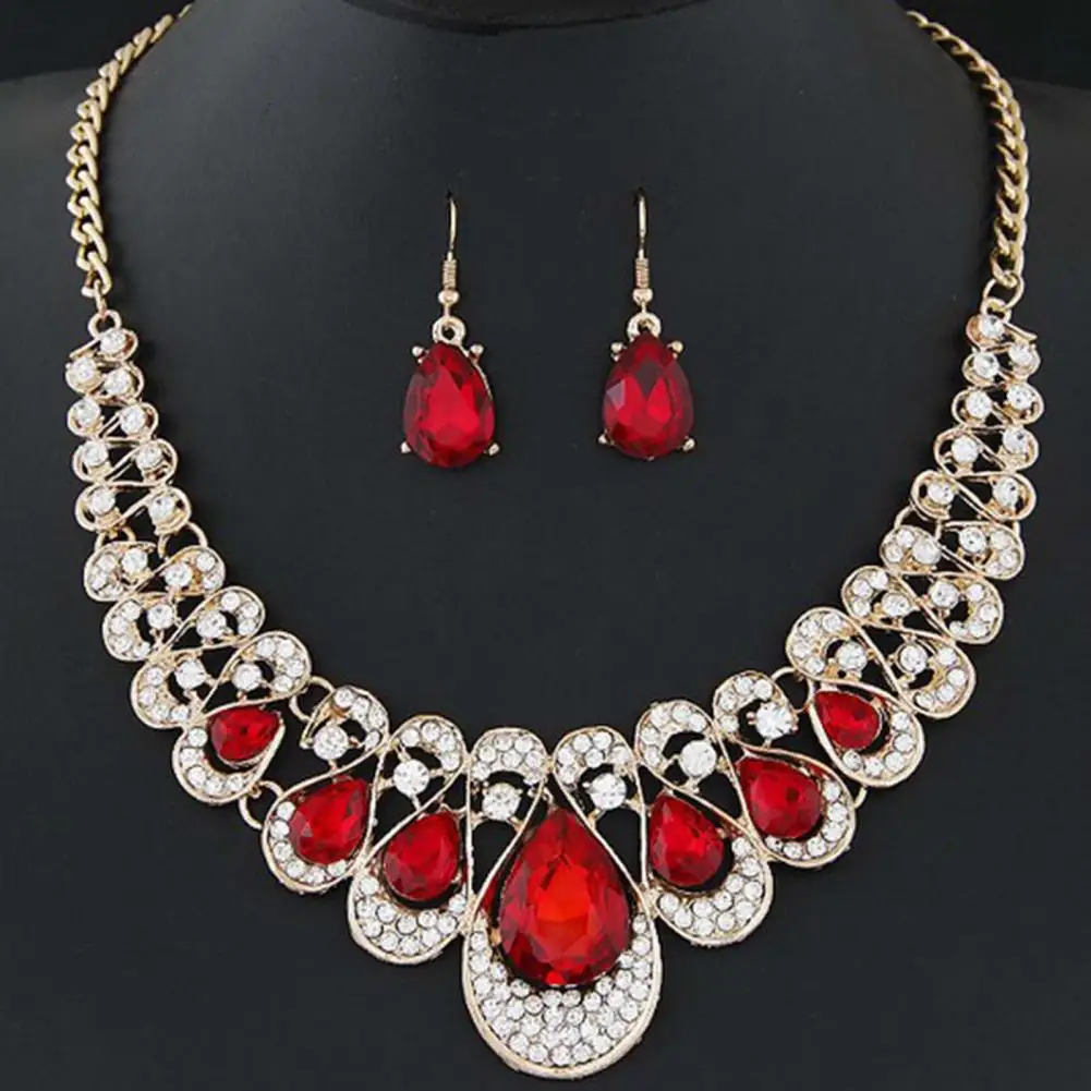 2Pcs/Set Great Lady Jewelry Set Exquisite Workmanship Wonderful Multicolor Water Drop Faux Gem Pendant Necklace Earrings