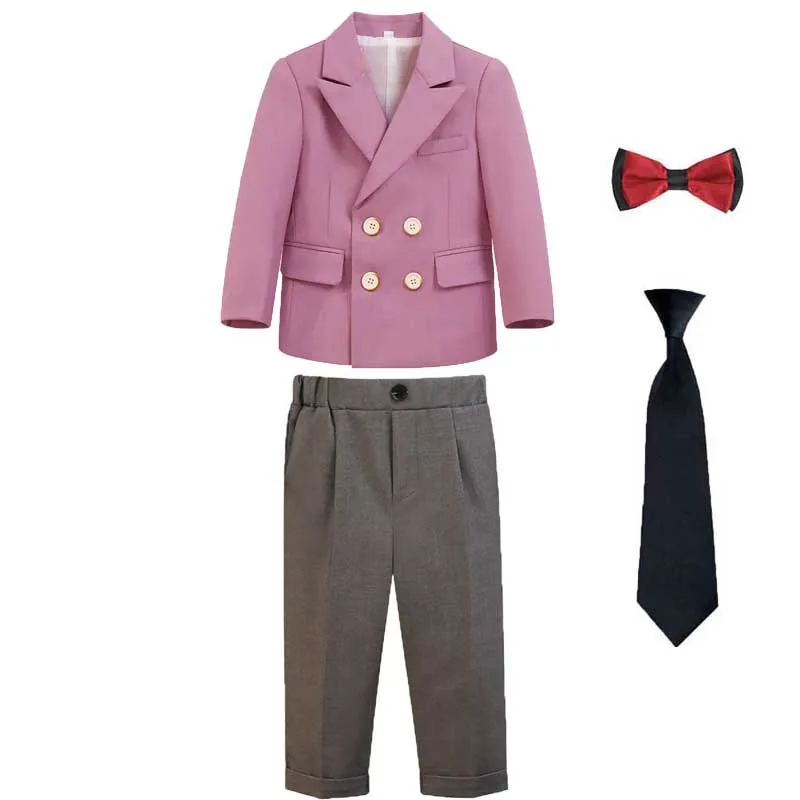 Boys Girls Pink Jacket Pants Bowtie+Tie Photography Suit Children Formal Wedding Ceremony Costume Kids Performance Party Dress