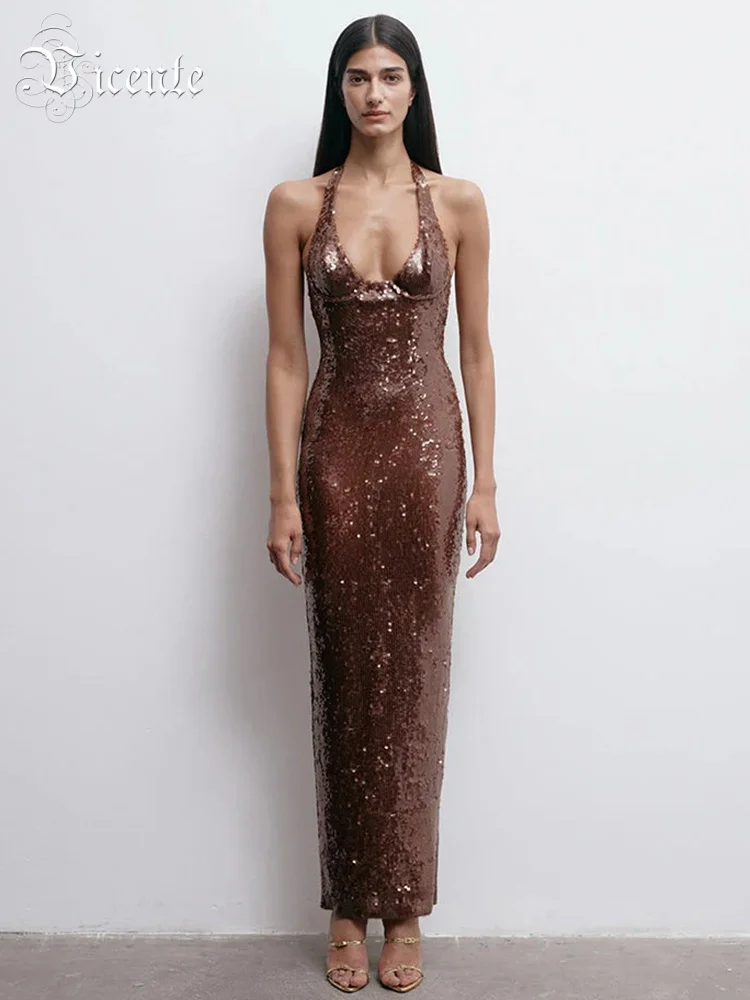 

VC Gorgeous Sexy Brown Sequin Halter Backless Sleeveless V-Neck Dress Party Summer Evening Gown