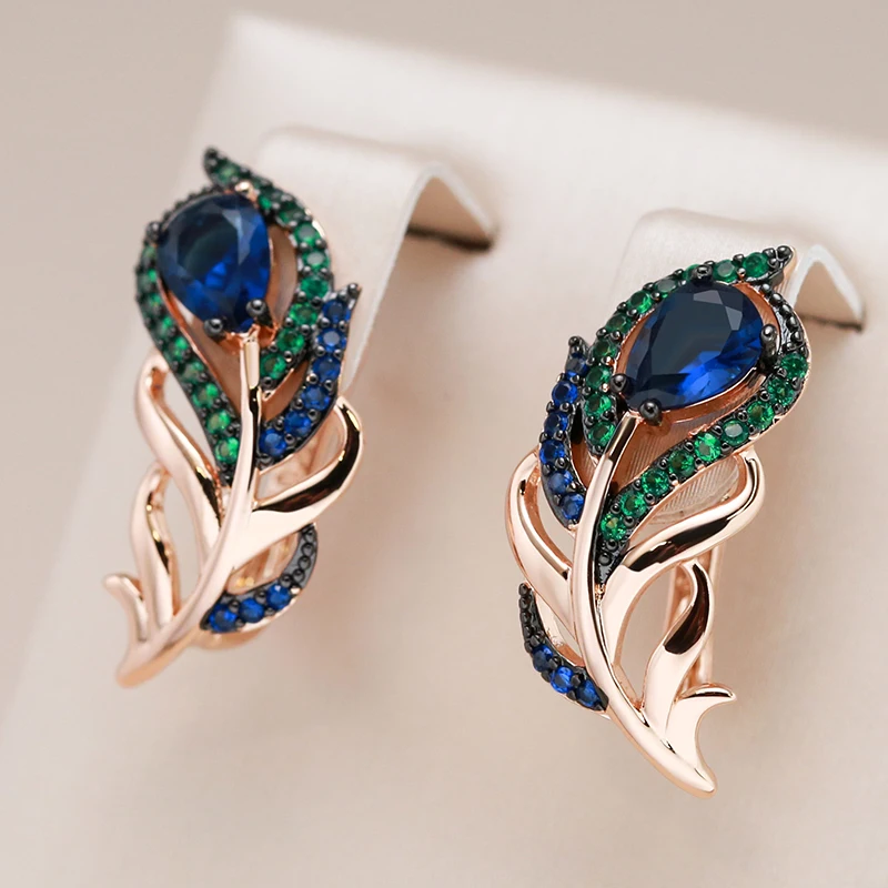 Kinel Hot Blue Natuurlijke Zirkoon Drop Oorbellen Voor Vrouwen 585 Rose Goud En Zwart Plating Vintage Crystal Leaf Dagelijks Fijne sieraden