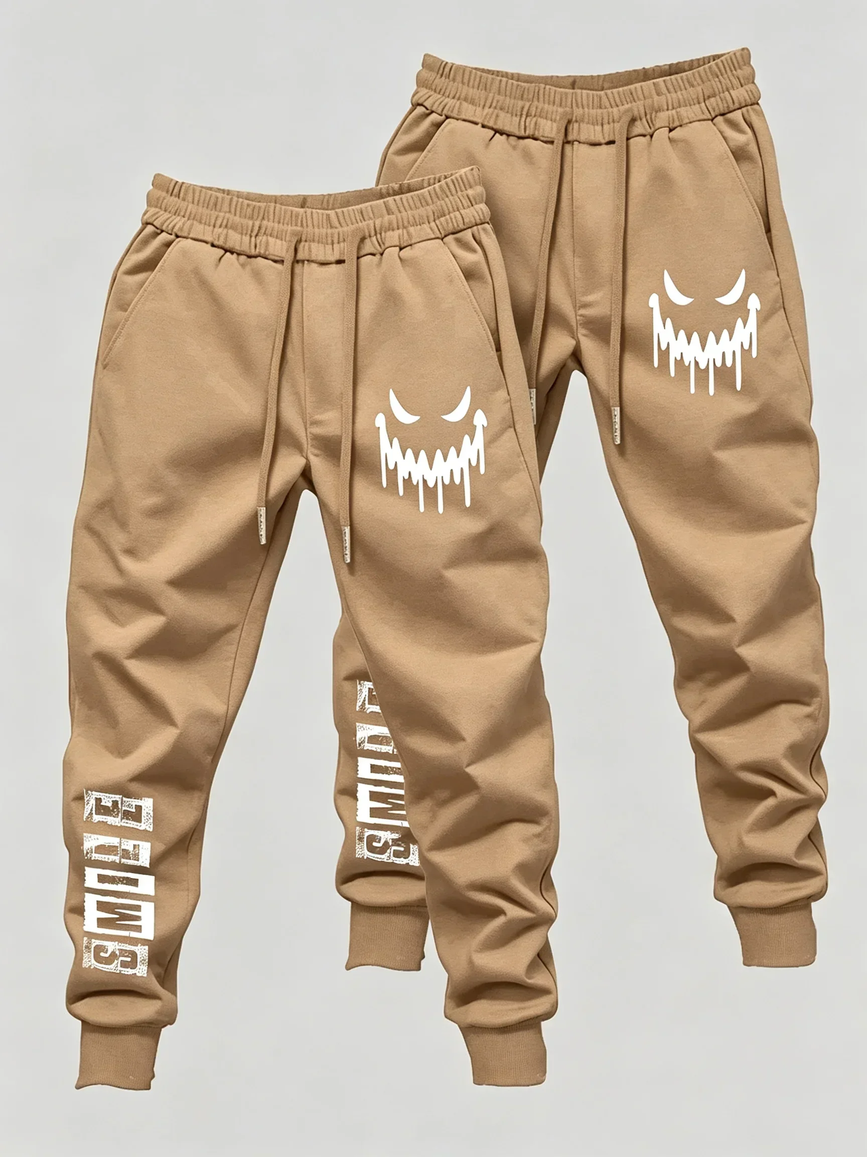 2er-Pack Herren-Freizeit-Jogginghosen mit gruseligem Dämonengesicht-Motiv, elastischem Bund, gerippten Bündchen an den Knöcheln, Streetwear, Lauf- und Fitnesshosen – Detail 4
