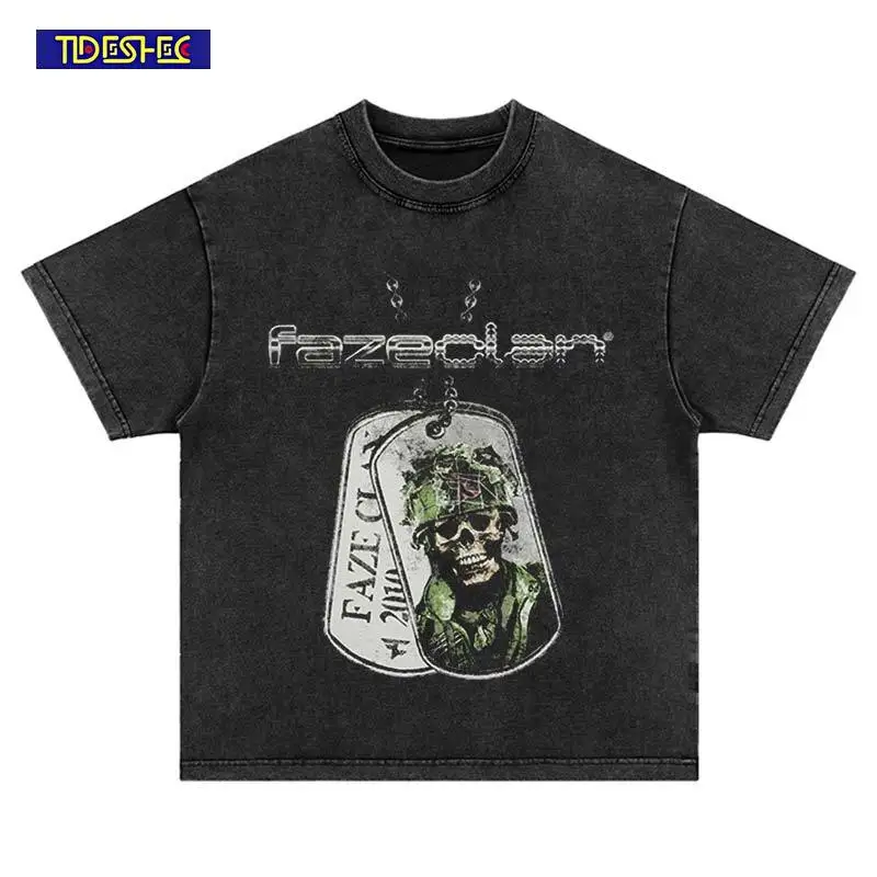 Hip Hop Trend Fashion Punk Streetwear Skeleton Necklace Print T-Shirt Washed Harajuku Oversize Vintage Loose Cotton Short Sleeve