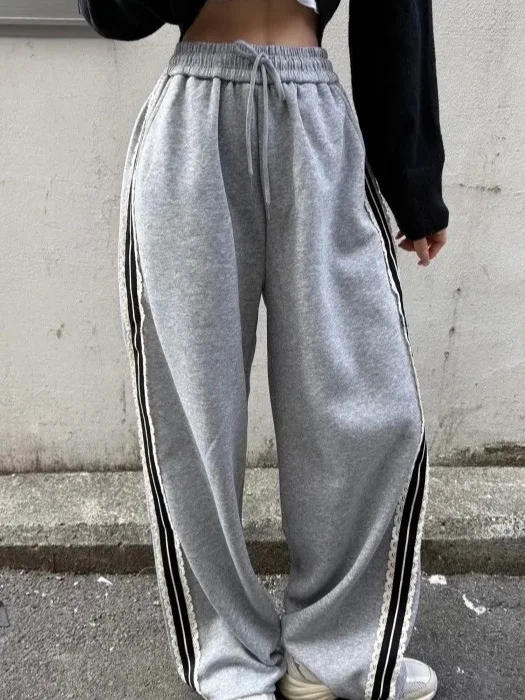 Spring New Style Women's Casual Pants Lace Splicing Stripes Loose Cuffed Sports Wide Leg Long Trousers Fashionable Commute Style