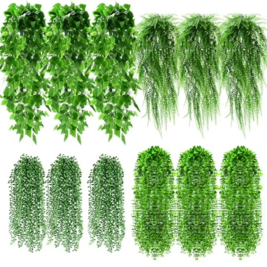 

12 шт. Искусственные подвесные растения, имитация папоротника, пластиковые искусственные растения для декора стен, комнат, сада, гирлянды, для использования внутри и снаружи помещений, без вредных веществ