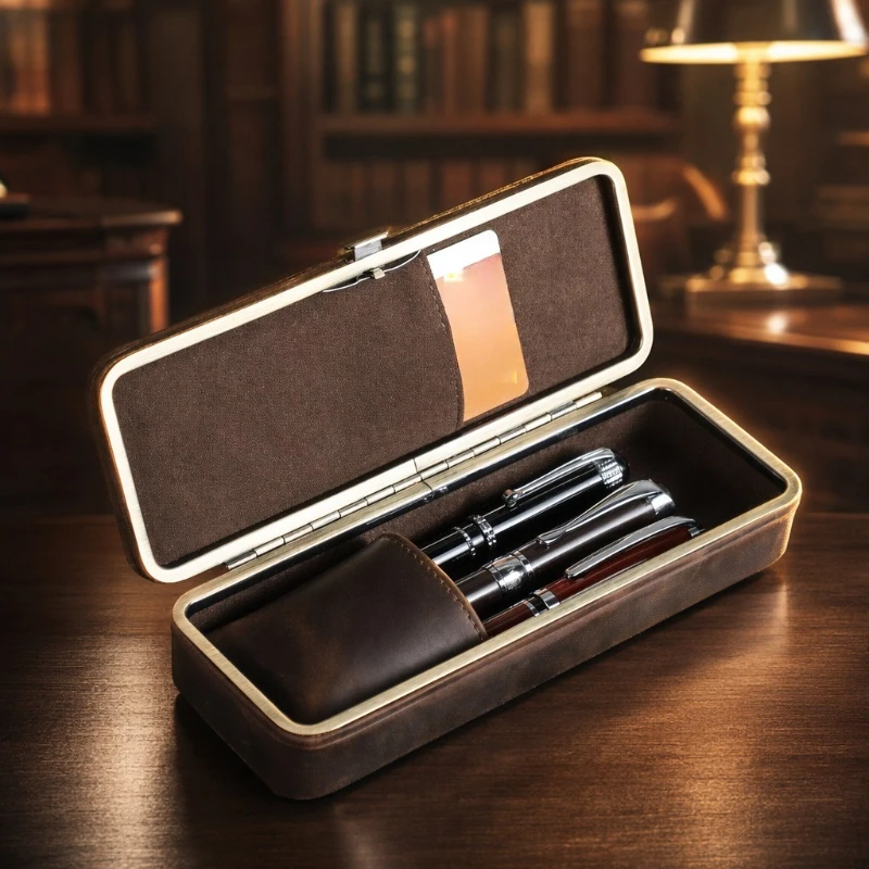 Vintage Crazy Horse Leather Pen Case 3 Slots Handmade Office Fountain Pen Box Use Home Travel Business School Daily Work Study