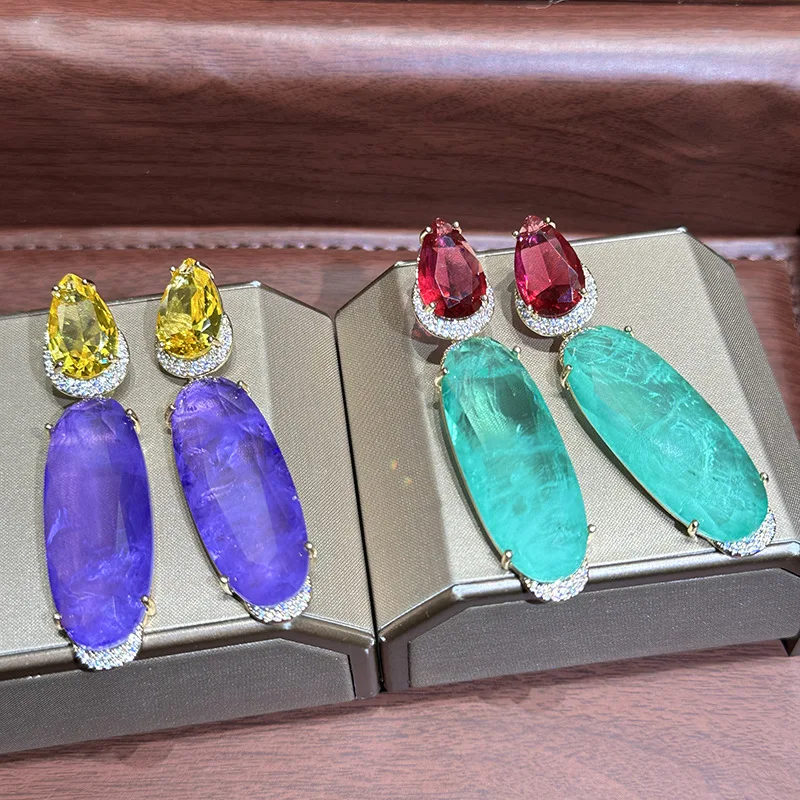 

Ювелирные изделия, роскошные цветные драгоценные камни, контрастные весенне-летние новые серьги с цветными бриллиантами в стиле ретро, геометрические серьги