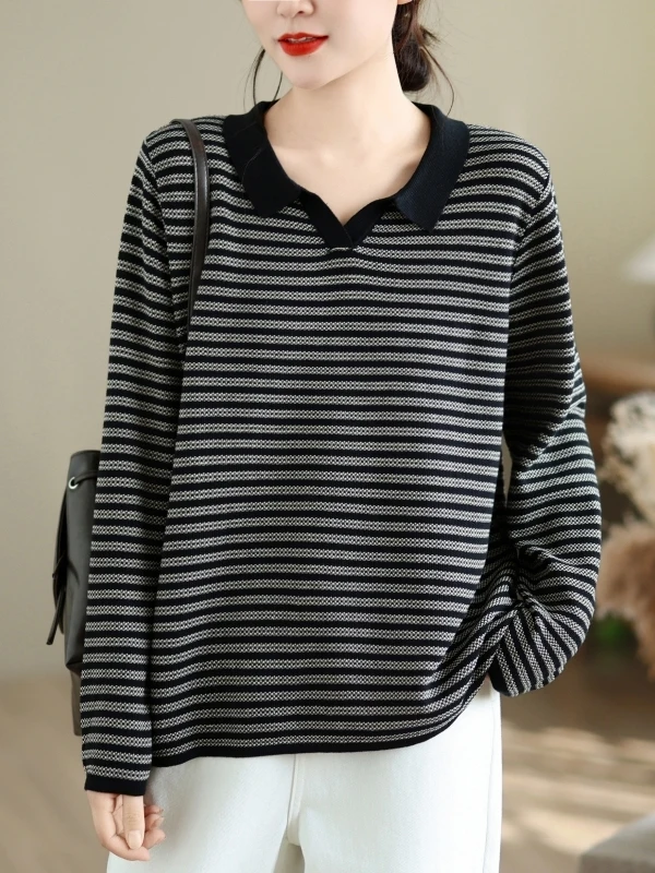 Korean Style  Collar Striped Long Sleeve Knitted Sweater Women's Autumn Winter Loose Fashion Retro Age Reduction Overhead...
