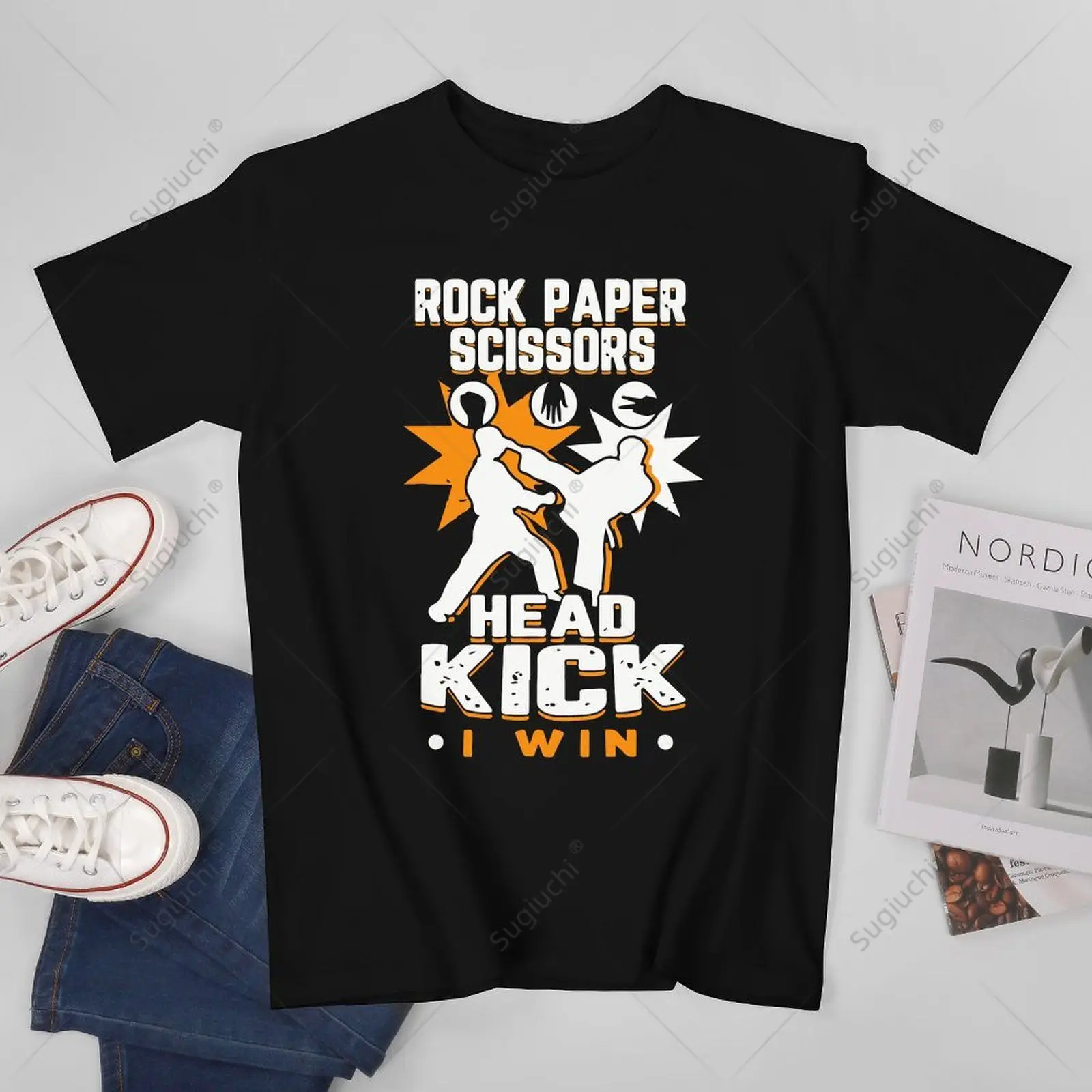 T-shirt unisexe pour hommes et femmes, 100% coton, pour les amoureux du Taekwondo, Rock Paper Scissors Head Kick I Win