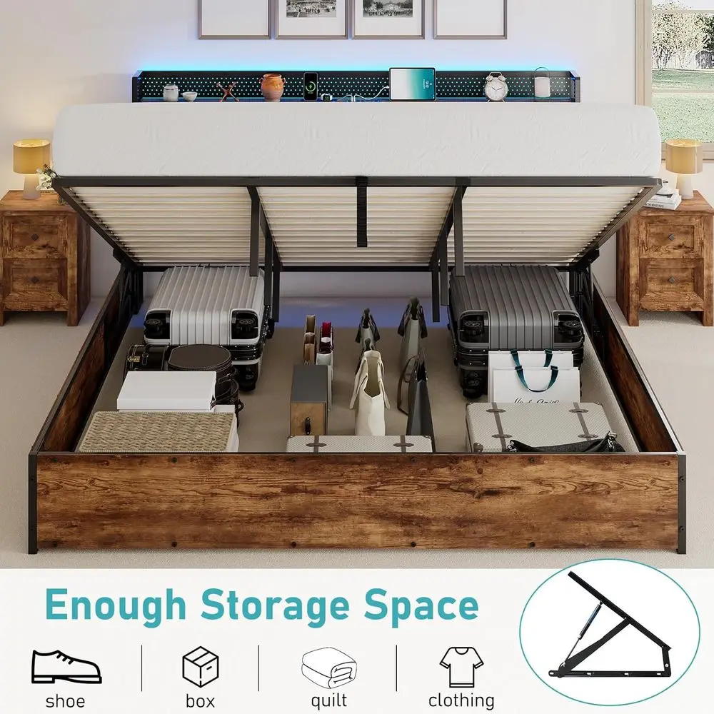 إطار سرير تخزين بحجم كينج مع إضاءة LED ولوح رأسي من الكتان المنجد يتميز بمحطة شحن وإضاءة LED خشبية Pla