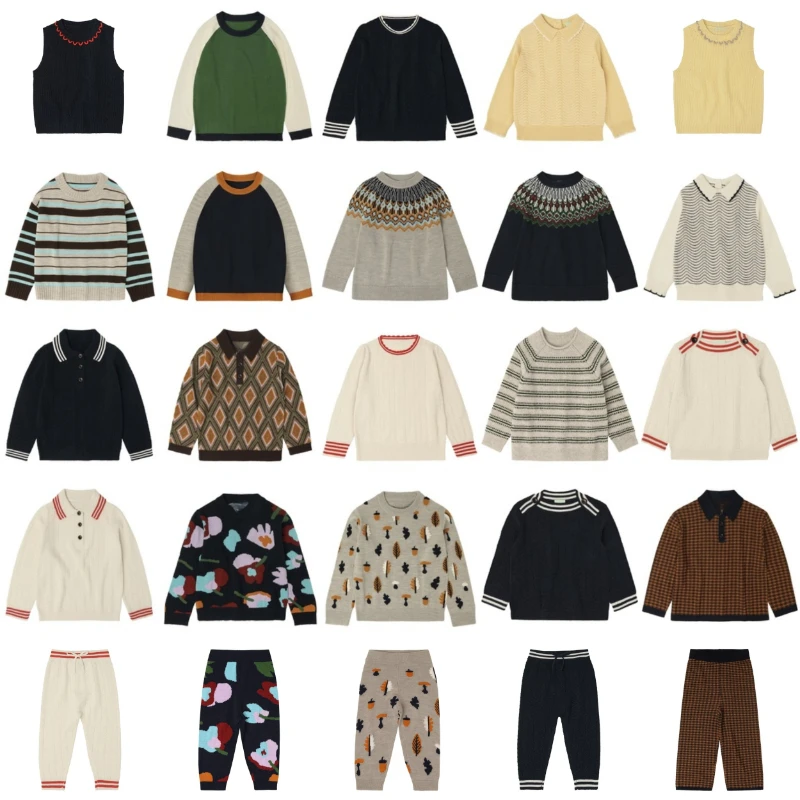 Ins-style AW25 الخريف والشتاء مجموعات الأطفال ارتداء محبوك سترة جاكار سترة صبي فتاة طويلة الأكمام بولو سترة السراويل