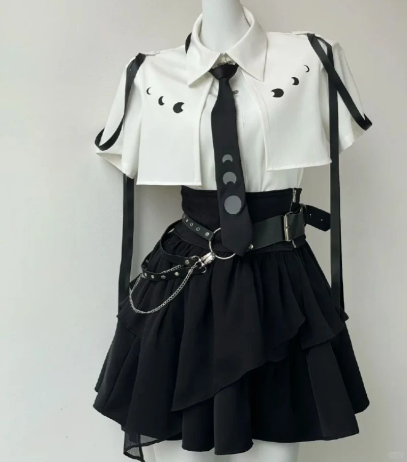 

Korean Gothic Fashion Cosplay 3 Piece Sets Y2k Aesthetic White Spliced Design Blouse Lrregular High Waist Skirts White Punk Belt