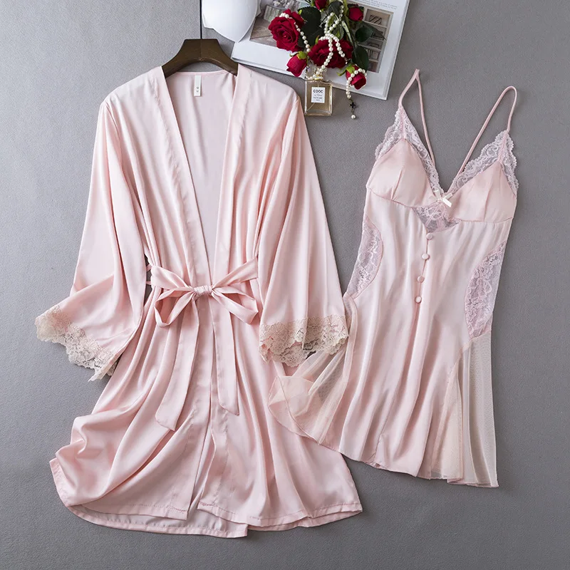 Summer Satin Kimono Bathrobe Gown 2PCS Sleep Set Bride Wedding Robe Suit Lingerie Women Lace Nightdress Sleepwear HomeWear