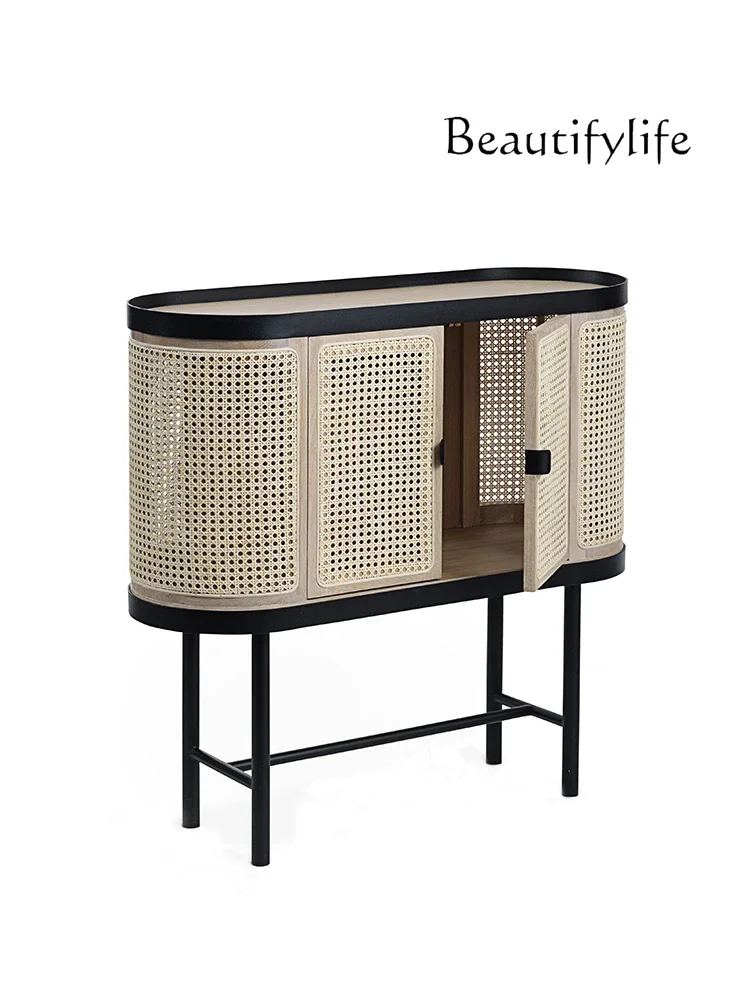 Nordic simple modern solid wood rattan dining side cabinet household locker storage floor cabinet