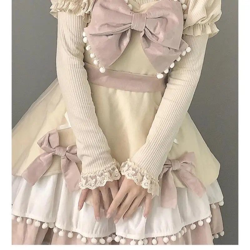Jerséis japoneses de punto para mujer, jersey estético Y2k con lazo de retales, jersey de encaje de Lolita con mangas abullonadas, suéter dulce Kawaii, ropa para mujer